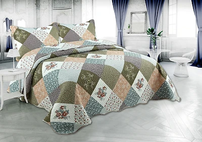 Marina Decoration Rich Printed Embossed Pinsonic Coverlet Bedspread Ultra Soft Bedding Summer Quilt Set with Shams, Modern Diagonal Floral Plaid Pattern