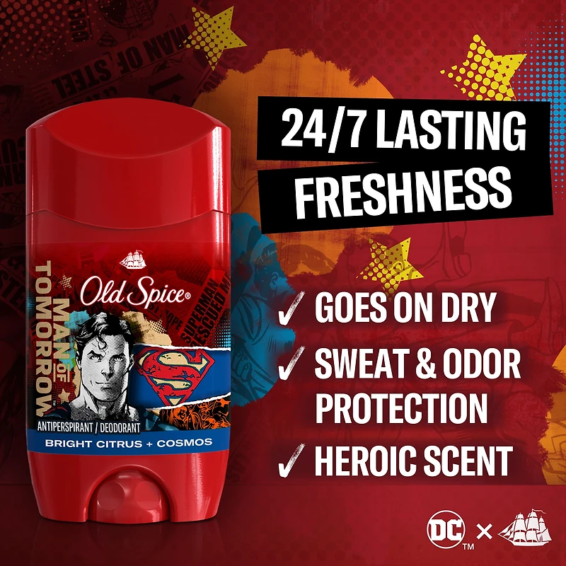 Antisudorifique et désodorisant Old Spice pour hommes, fraîcheur 24 heures sur 24, 7 jours sur 7, protection longue durée contre la transpiration et les odeurs, sentez comme un héros, Superman, parfum 73G