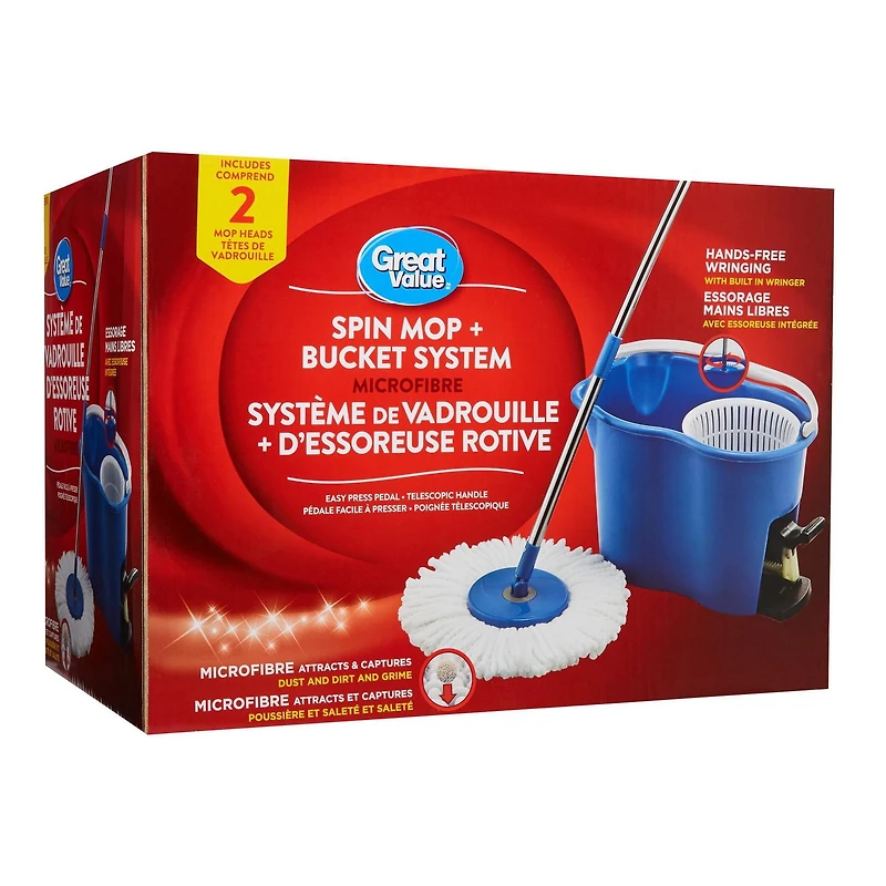 Système de vadrouille et seau à essoreuse rotative Great Value avec 2 têtes de recharge 1 vadrouille et 1 seau