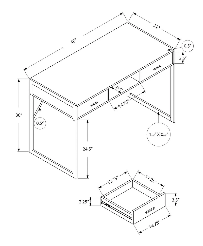 Monarch Specialties Bureau, Bureau À Domicile, Ordinateur Portable, Tiroirs De Rangement, 48"l, Travail, Métal, Stratifié, Brun, Gris, Contemporain, Moderne