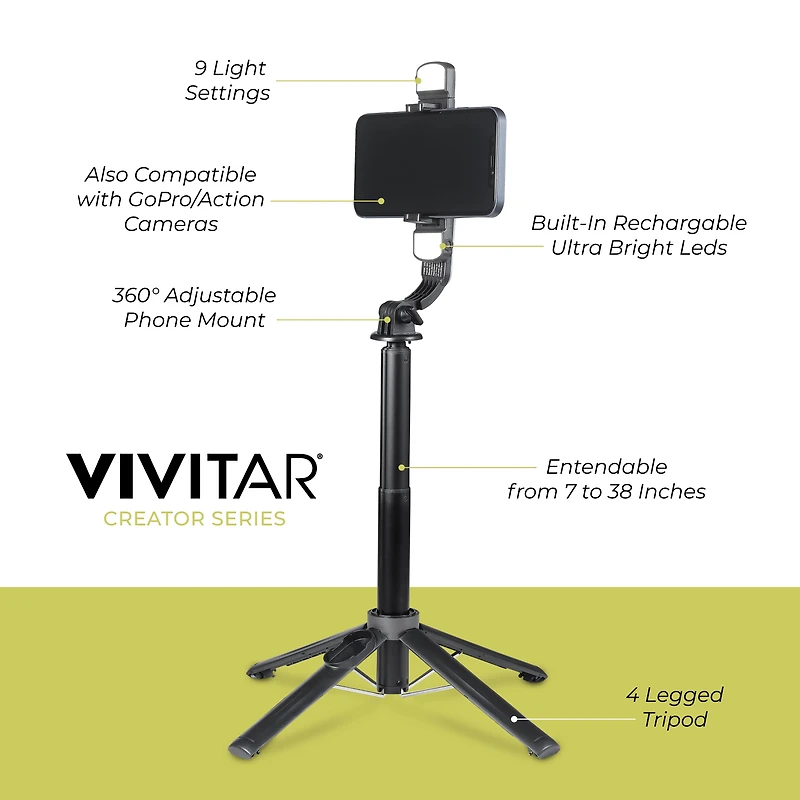 LED Lights Selfie Stick Quad Tripod, Wireless Dual LED Lights