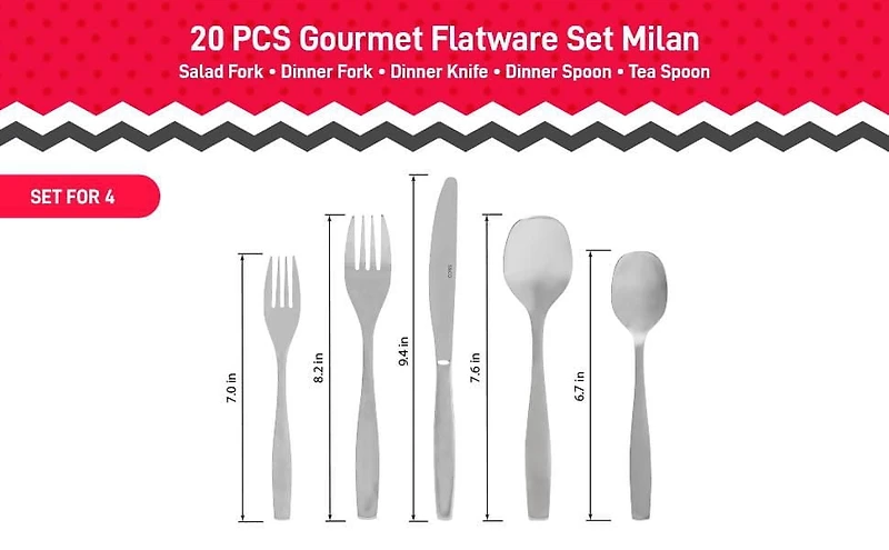 Ensemble de Couverts Gourmet Milan 20 Pièces (Acier Inoxydable Brossé 18/0)