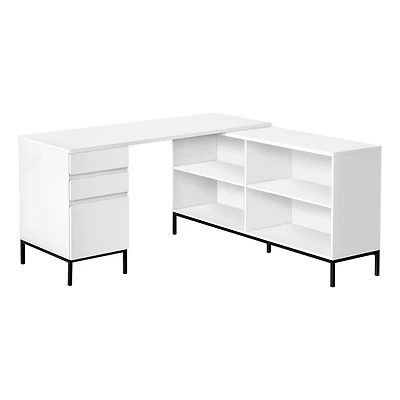 Monarch Specialties Bureau, Bureau À Domicile, Coin, Tiroirs De Rangement, 60"l, Forme De L, Travail, Ordinateur Portable, Métal, Stratifié, Blanc, Noir, Contemporain, Moderne