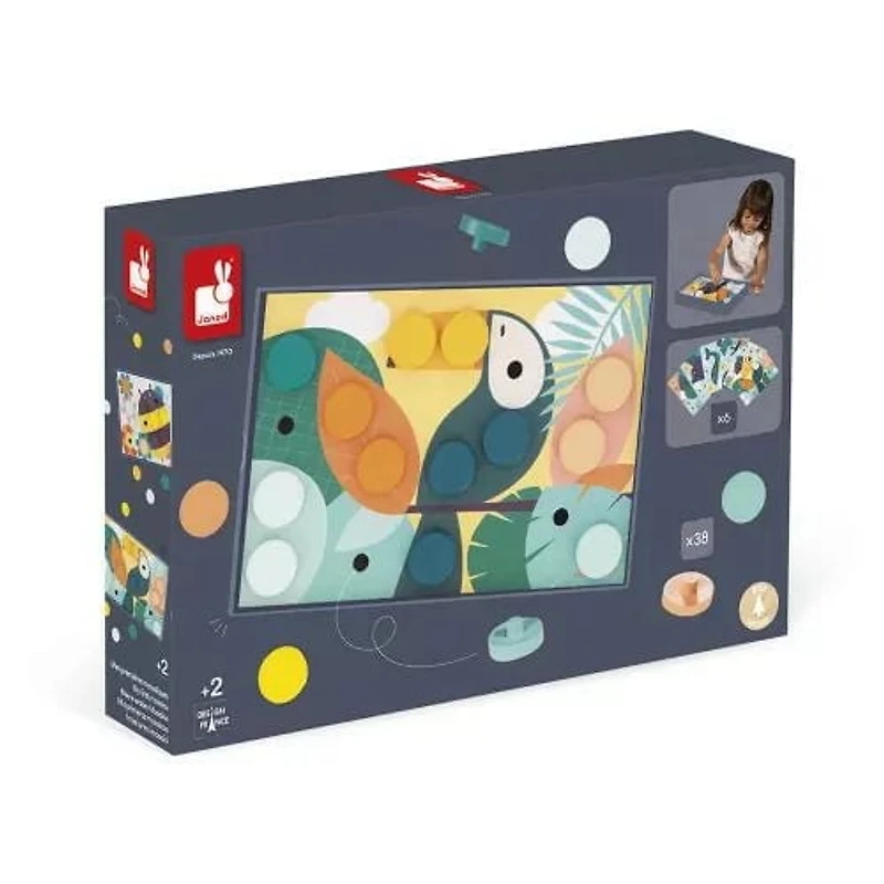 Janod - My First Wooden Mosaics - Early Learning Toy - 6 Perforated Cards and 38 Wooden Pawns - Learning of Colours and Motor Skills - Water Painting - from 2 Years