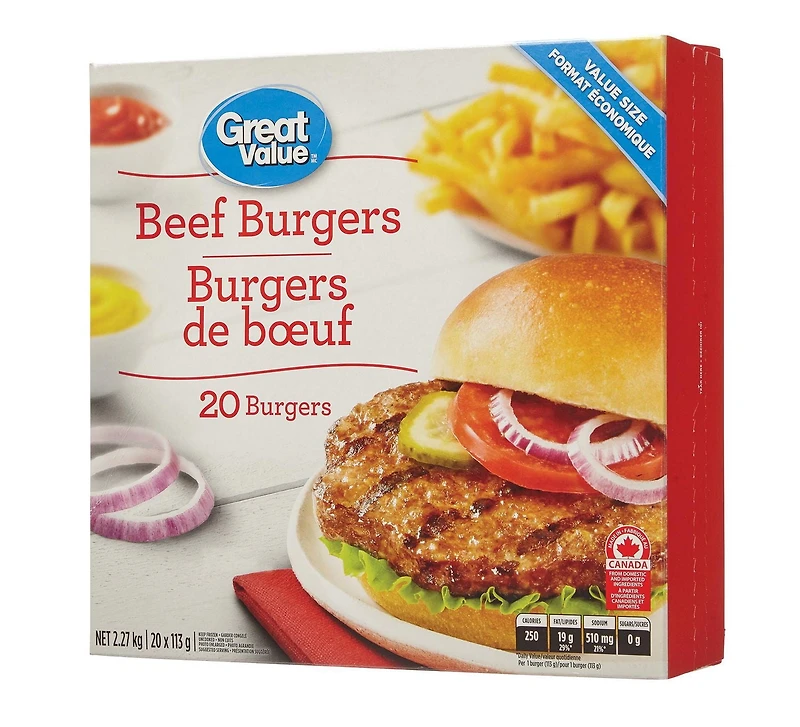 Great Value Frozen Beef Value Pack Burgers, 20x113g, 2.27KG
