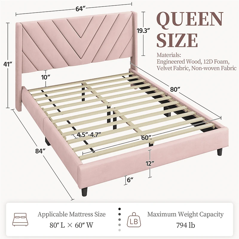 Fullfurnique Upholstered Platform Bed Frame with Wooden Slat Support, Queen, Pink