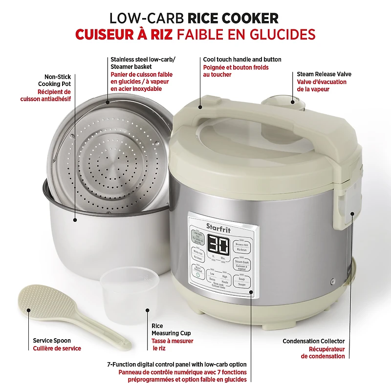 Starfrit Low-Carb Rice Cooker 14-Cup, Reduces Carbs Up To 30%, 7 Preset Functions, Steamer Basket, Non-Stick Pot, Easy Clean, Healthy Cooking, Rice Brown White Soup Steam Slow Cook