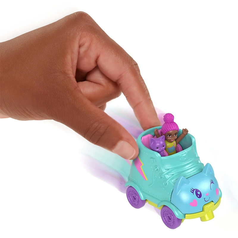 Polly Pocket Vehicle Set, Micro Doll with Roller Skate Theme Die-cast Car & Pet Cat Figure