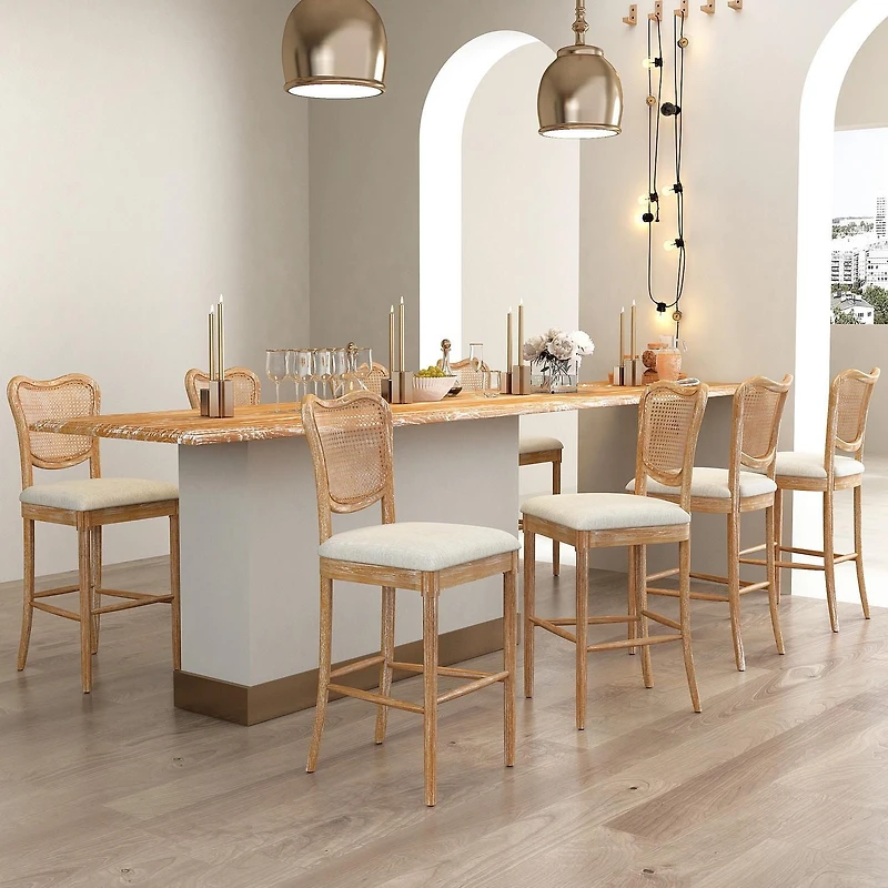 Ensemble de chaises hautes de salle à manger, lot de 2, chaises latérales rembourrées avec dossier en rotin et pieds en bois, chaises au design moderne du milieu du siècle pour le salon et la cuisine