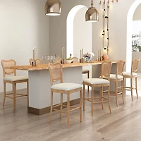 Ensemble de chaises hautes de salle à manger, lot de 2, chaises latérales rembourrées avec dossier en rotin et pieds en bois, chaises au design moderne du milieu du siècle pour le salon et la cuisine