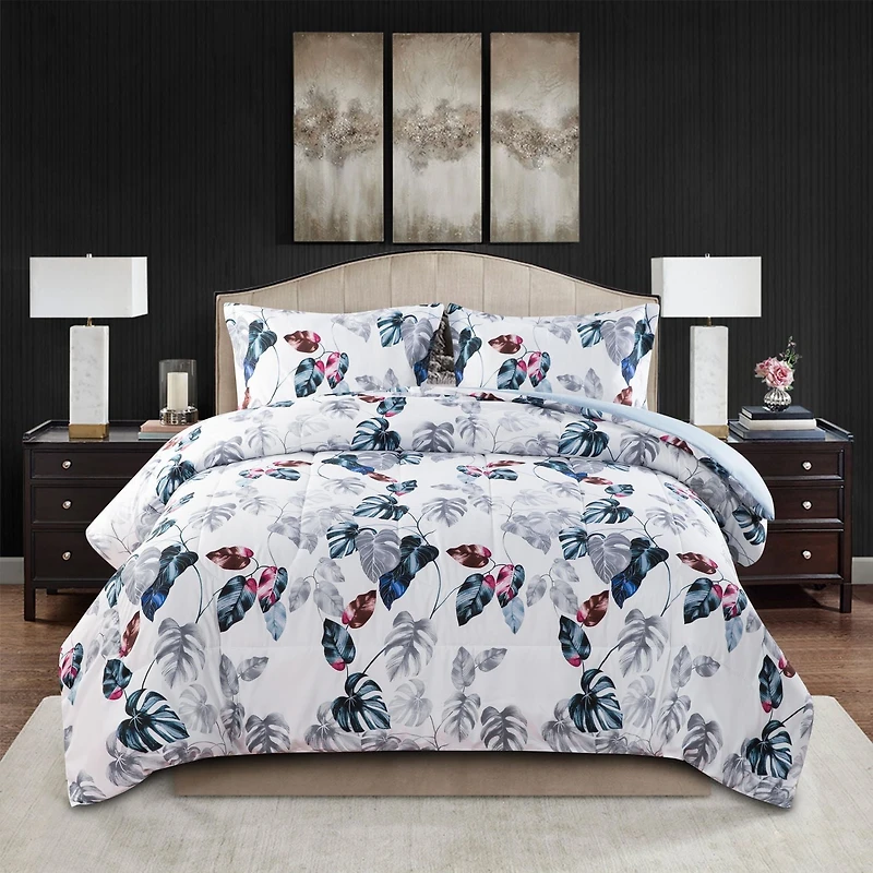 Marina Decoration Home Decor Ultra Soft Luxury Fluffy Goose Down Alternative Bedding Printed Comforter Set, Modern Green Leaves Pattern