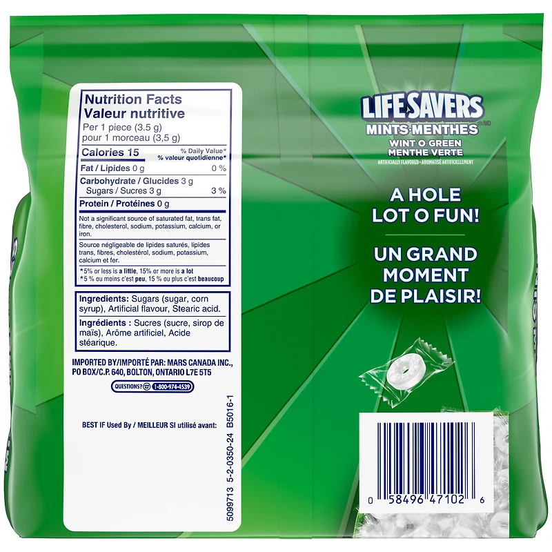LIFE SAVERS, Wint O Green, bonbons à la menthe, sac, 368 g LS SUP WINTOGREEN