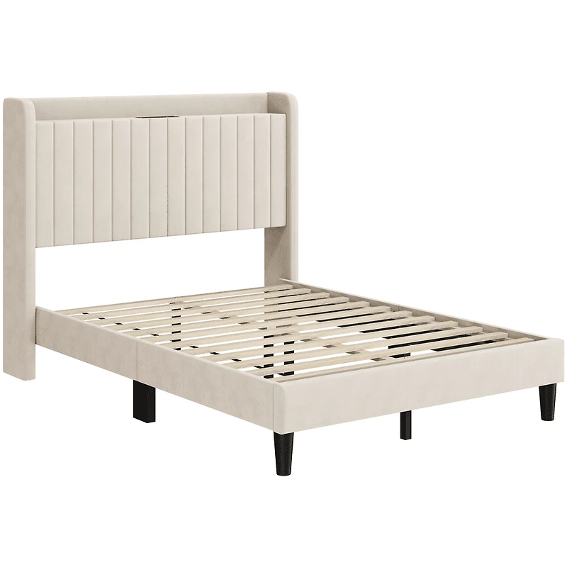 Fullfurnique Velvet Upholstered Bed Frame with Charging Outlets & USB Ports, Full, Beige