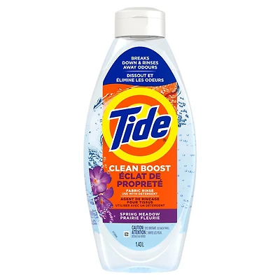 Agent de rinçage pour tissus Tide Éclat de propreté, élimine odeurs et résidus, sûr pour tous les tissus, sans colorants ni parfums prononcés, parfum Prairie fleurie 1,43L