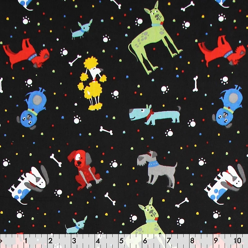 Tissu au mètre en coton Fabric Creations à motif de noir à pois et chiens