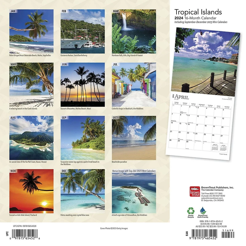 BrownTrout Tropical Islands 2024 12x24 Inch Square Wall Calendar, 9781975465452