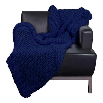 Truu Design Chunky Braided Soft and Cozy Arm Knit Blanket, 40 x 78 inches, Navy Blue