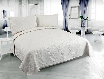 Marina Decoration Solid Embossed Pinsonic Coverlet Bedspread Bedding Ultra Soft Summer Quilt Set with Shams, Cream Color