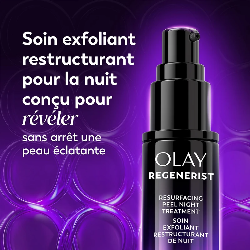 Soin exfoliant de nuit Olay Regenerist avec acide glycolique, soin ravivant et exfoliant, AHA, restructurant, texture lisse, illumine le teint, sérum de nuit léger pour un teint radieux