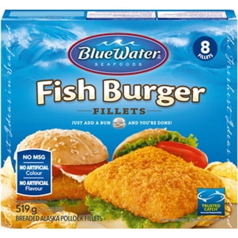 BlueWater Seafoods Breaded Fish Sandwich, Wild Caught Alaskan Pollock, Frozen, 8 Count, 519 g Package, Breaded Alaskan pollock fish sandwich fillets