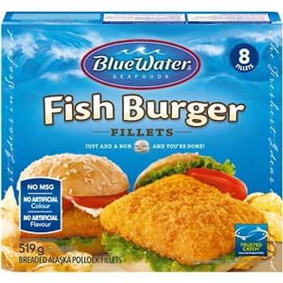 BlueWater Seafoods Breaded Fish Sandwich, Wild Caught Alaskan Pollock, Frozen, 8 Count, 519 g Package, Breaded Alaskan pollock fish sandwich fillets