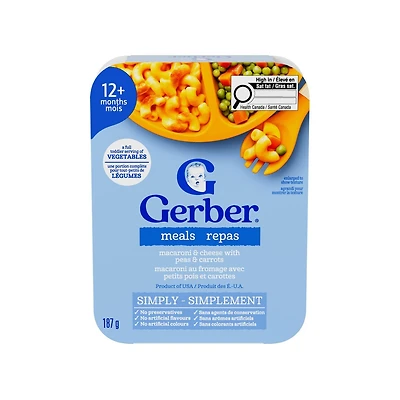 REPAS GERBER Macaroni au fromage avec petits pois et carottes, avec une portion complète de légumes pour tout-petits, source de fer, de calcium et de vitamine A, sans colorants ni arômes artifici 187 g