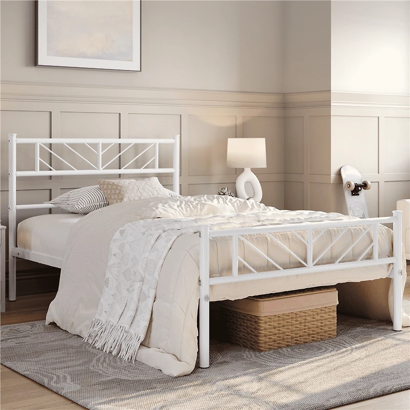 Fullfurnique Minimalist Metal Platform Bed with Arrow Design Headboard for Adult, Queen, White