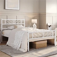 Fullfurnique Minimalist Metal Platform Bed with Arrow Design Headboard for Adult, Queen, White