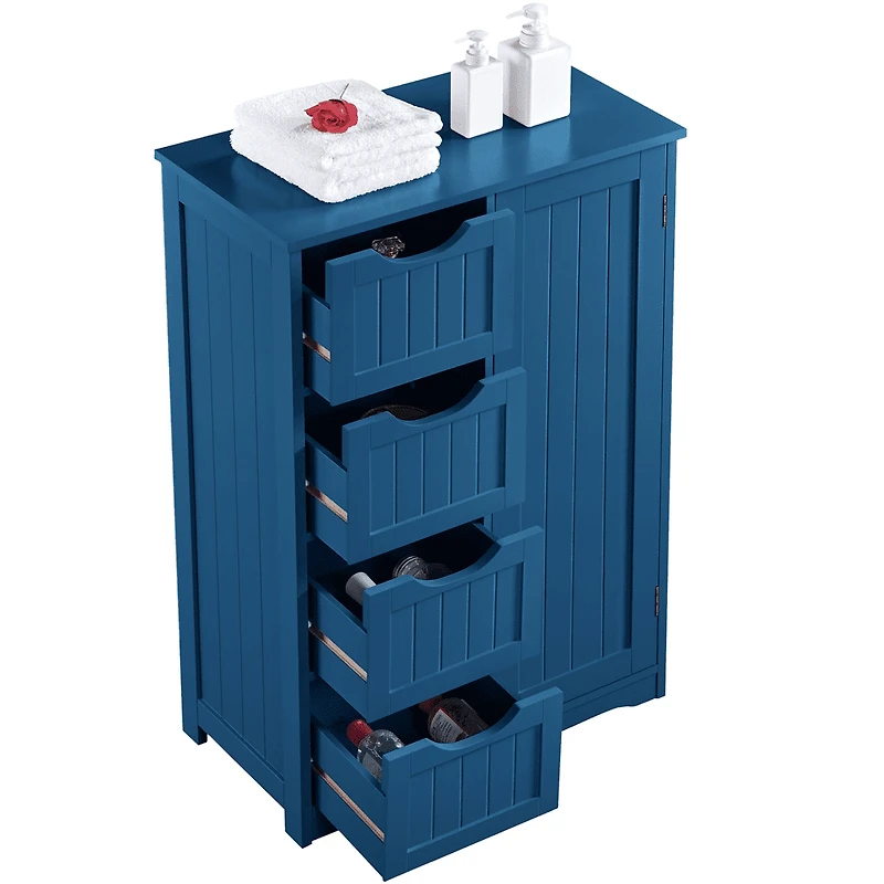 Fullfurnique Modern Wooden Freestanding Bathroom Floor Cabinet with 4 Drawers & Cupboard, Navy Blue
