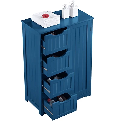 Fullfurnique Modern Wooden Freestanding Bathroom Floor Cabinet with 4 Drawers & Cupboard, Navy Blue