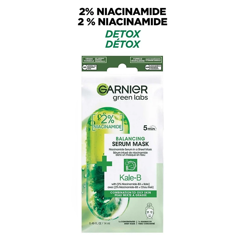 Garnier Sérum Masque en Tissu avec Niacinamide + Kale, soin équilibrant de la peau pour peau grasse, 1 masque en tissu (14 mL)