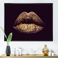 Designart Lèvres féminines métallisées dorées sexy II ART MURAL À CADRE FLOTT