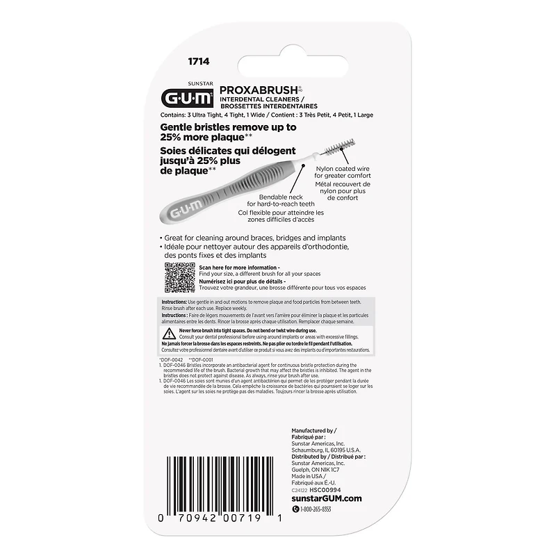 GUMᴹᴰ Brossette interdentaire PROXABRUSHᴹᴰ Assortiment - 3 Très Petit, 4 Petit, et 1 Large