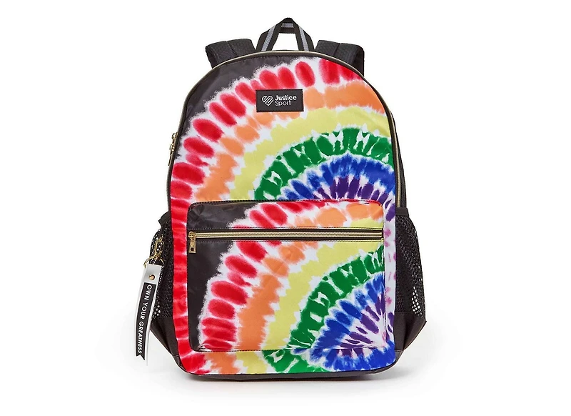 Justice™ Brand Girls Tie Dye Nylon Multi Compartment Backpack 17” Backpack with Texture Rubber Embossed Keychain