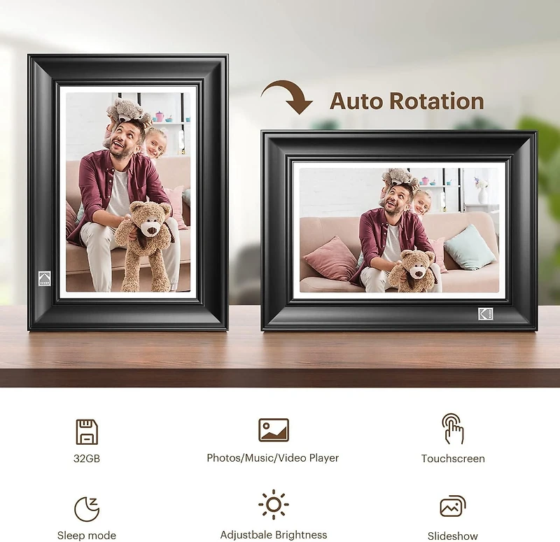 KODAK RWF-127 Cadre photo numérique WiFi, 10,1" FHD 1920 x 1200IPS, 32 Go, couleur noir rougeâtre, cadre en bois