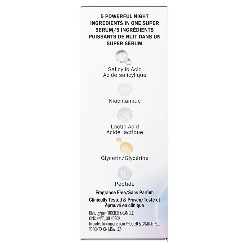 Super sérum réparateur de nuit 5 en 1 de Olay Sérum léger renouvelant pour le visage  Soin de la peau correcteur de rides avec acide salicylique, niacinamide, acide lactique, glycérine, peptide 50ML