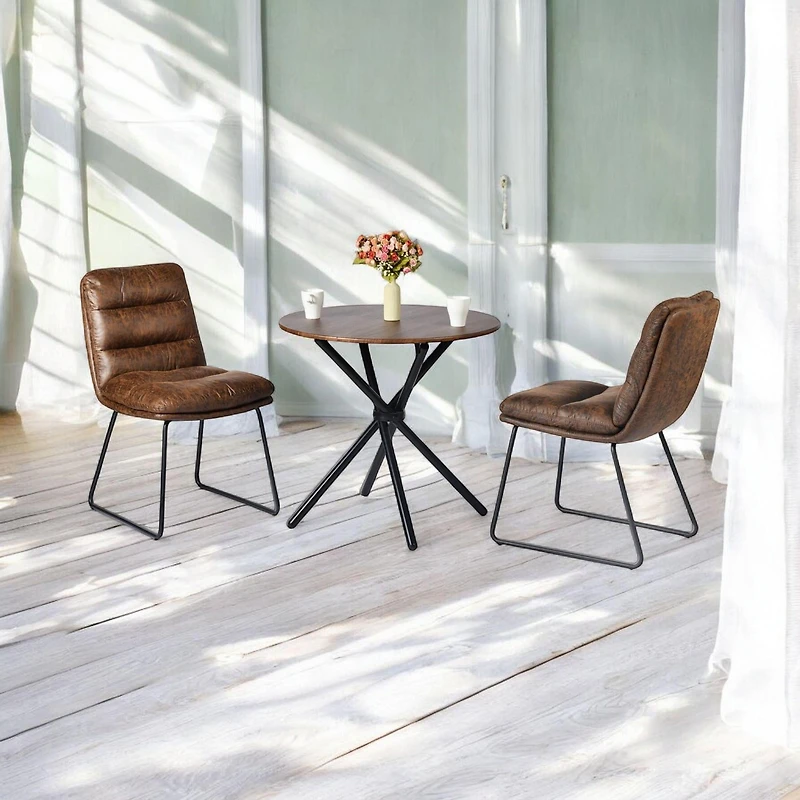 Ensemble salle à manger industriel Homy Casa avec chaises en similicuir, table espresso ronde pour 2 personnes et pieds luge, coin repas compact pour cuisine ou appartement, brun