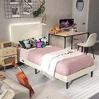 Lit simple rembourré Homy Casa avec éclairage DEL, ports USB et tête de lit rembourrée pour chambre d'enfant, beige