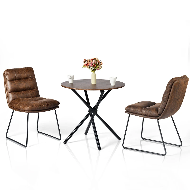 Ensemble salle à manger industriel Homy Casa avec chaises en similicuir, table espresso ronde pour 2 personnes et pieds luge, coin repas compact pour cuisine ou appartement, brun