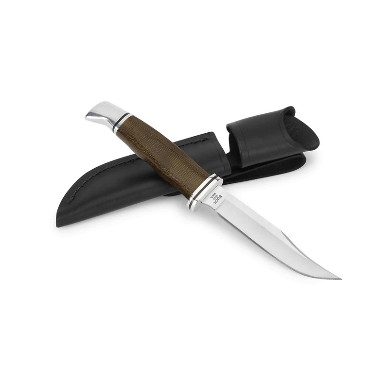 Buck Knives Woodsman 102 Knife - Lifetime warranty, Steel Clip Blade, Full Tang, O.D. Green Micarta Handle, Finger Guard, Leather Sheath - Ideal for Fish and Small Game