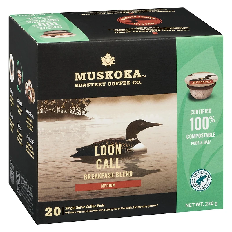 Dosettes de café Mélange Appel du Huard pour le petit-déjeuner de Muskoka Roastery Coffee Co. à torréfaction moyenne en emballage d'une portion