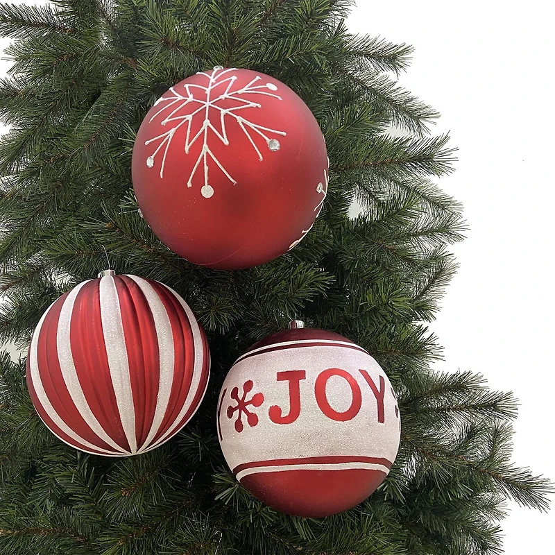 Holiday Time 200 mm Shatterproof Christmas Ornaments, Red & White, 3 Count