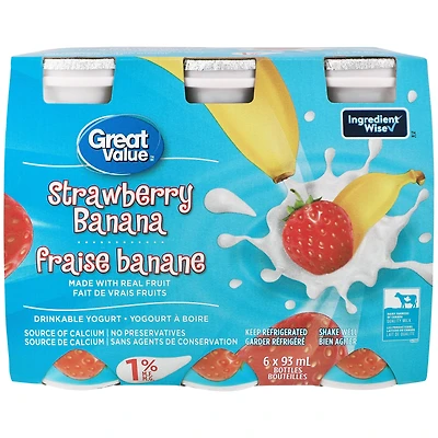 Yogourt à boire fraise-banane Great Value 6 x 93 mL