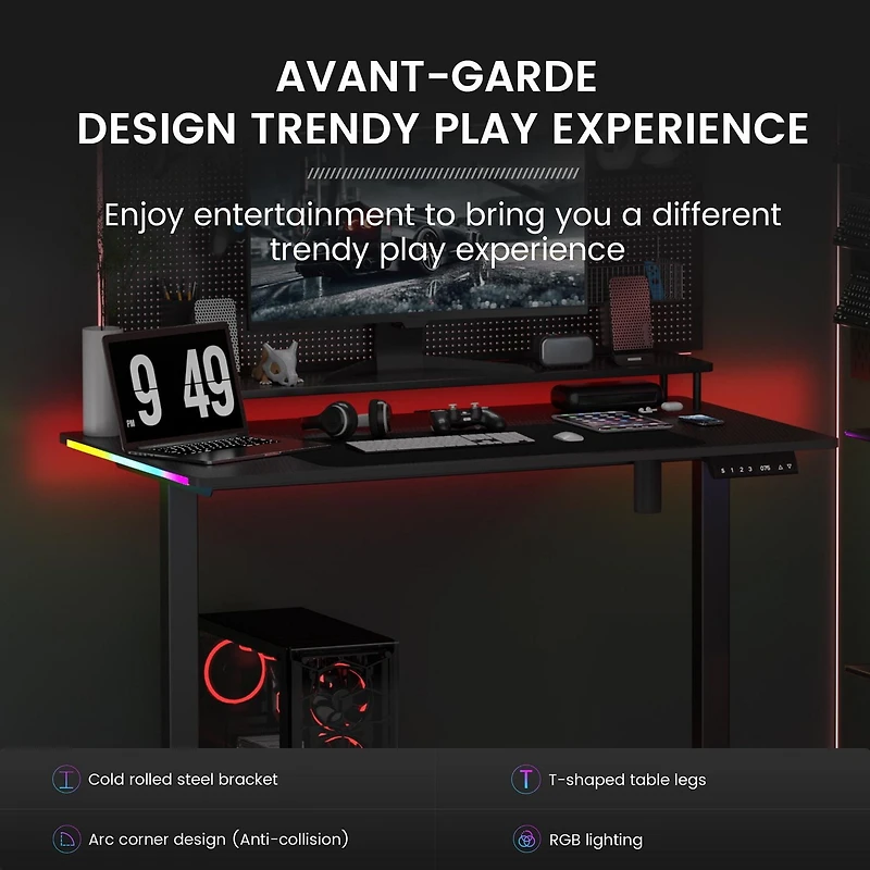 GTRACING hauteur réglable RVB électrique assis ou Stand bureau d’ordinateur avec lumières LED pour adultes , noir Contrôles Bluetooth/app, réglable en hauteur