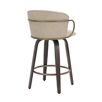 Tabouret de Comptoir, 26 po, avec Siège Pivotant, Jeu de 2 Milieu du Siècle en Similicuir et Bois et Métal - Ivoire et Brun et Or Vieilli