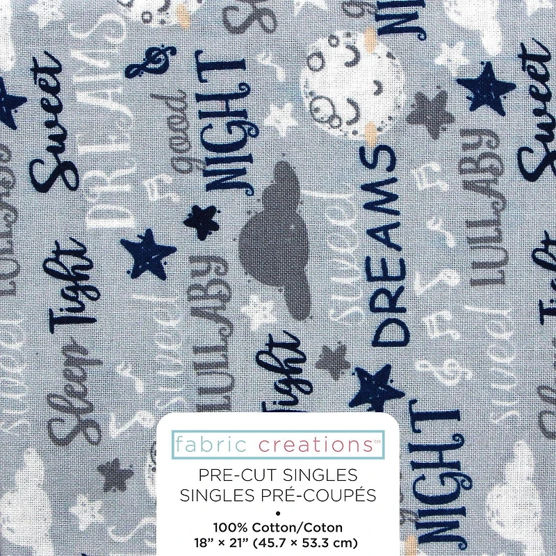 Fabric Creations Grey with Denim and Grey Bedtime Lullaby Fat Quarter Pre-Cut Fabric - 18" x 21" / 45cm x 53cm