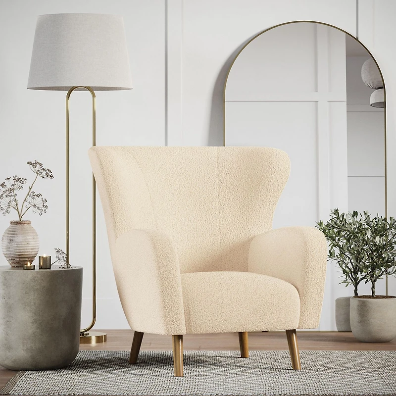 Fauteuil d'appoint à oreilles Gianna en tissu bouclé crème pelucheux