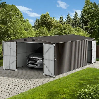 Sunjoy 13 ft. x 20 ft. Remise extérieure, abri de voiture, gris clair