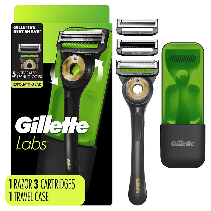 Rasoir GilletteLabs pour hommes avec barre exfoliante, édition noire et dorée, 1manche, 3cartouches de rechange, comprend un étui de voyage pour un rangement pratique lors de vos déplacements 1CT