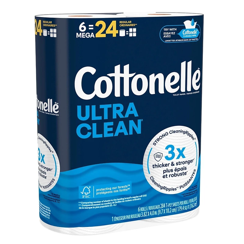 Cottonelle Ultra Clean Toilet Paper, Strong Toilet Tissue, 6 Mega Rolls (6 Mega Rolls = 24 Regular Rolls), 284 Sheets per Roll
